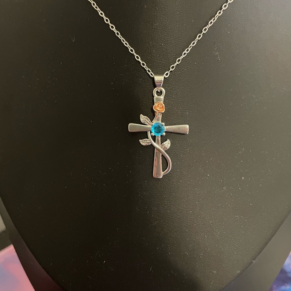 Stylish Silver Necklace with Blue and Gold Cross Pendant - Picture 2 of 7